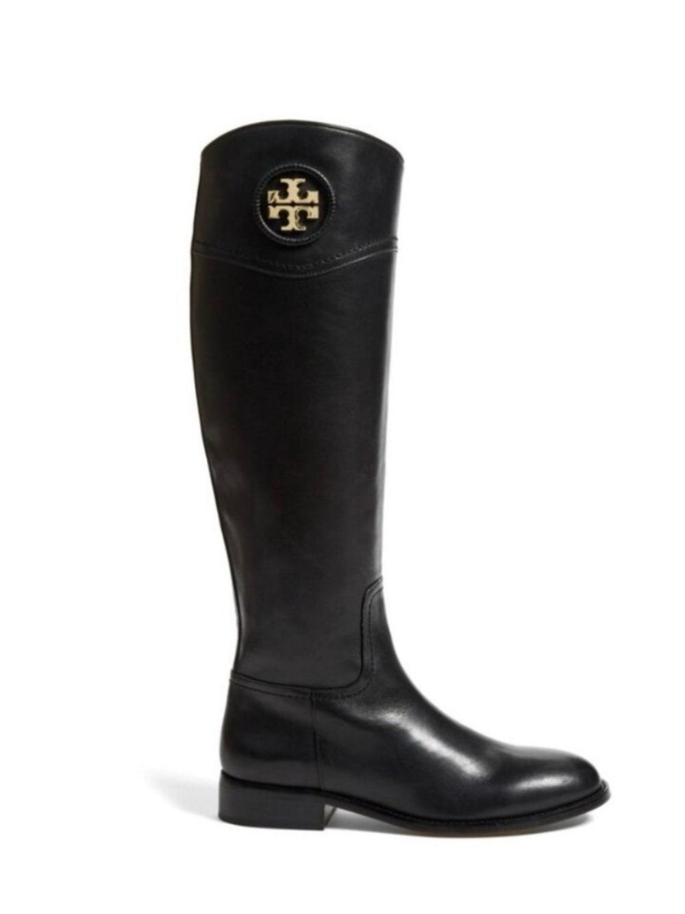 Tory Burch Black Leather Knee-High Boots with Gold Logo Medallion